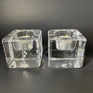 Orrefors Sweden Crystal Glass Ice Cube Votives 2 Piece Set MCM